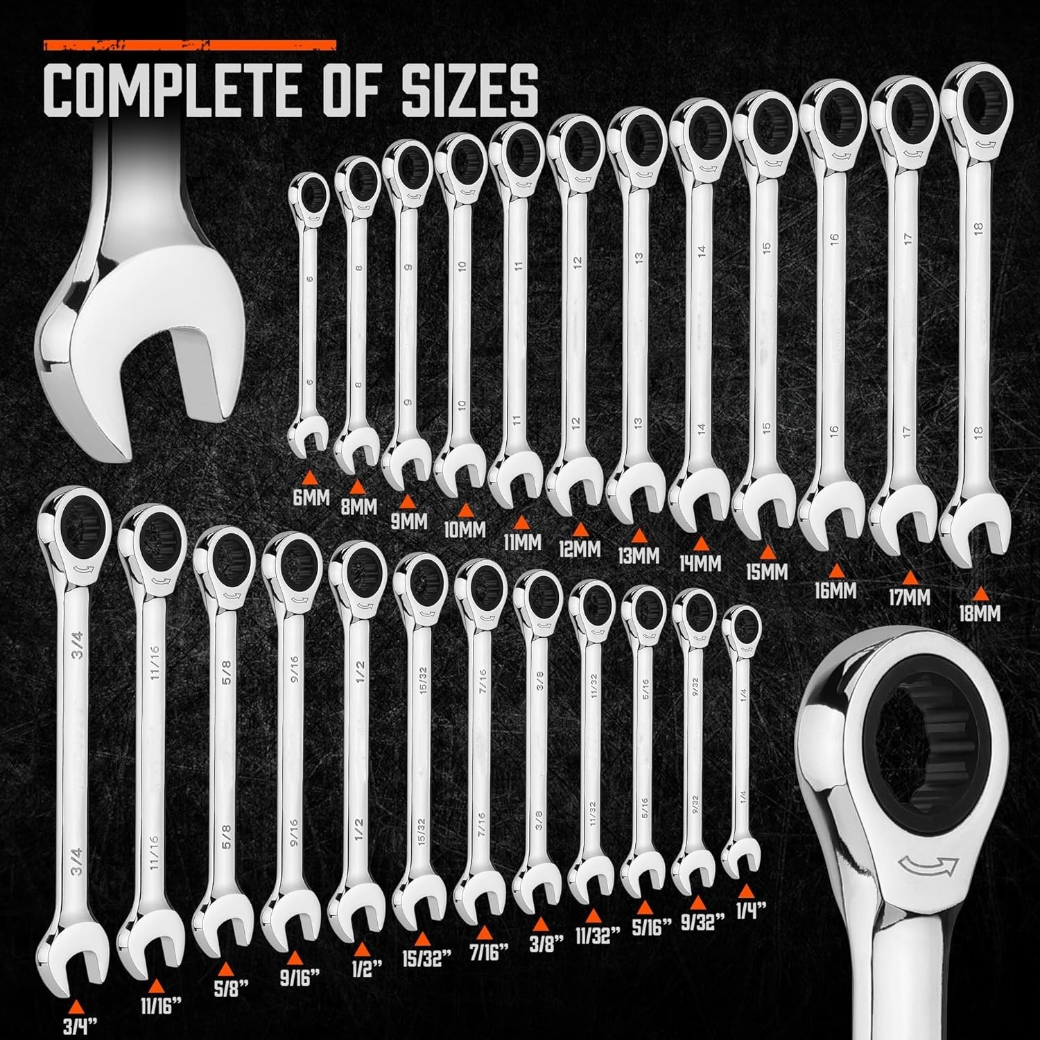 24-Piece Ratcheting Wrench Set | Metric and SAE | Ratchet Combination Wrenches Set with Organizer | 72-Tooth | Chrome Vanadium Steel | 6-18 mm & 1/4” to 3/4“ (24-Piece)