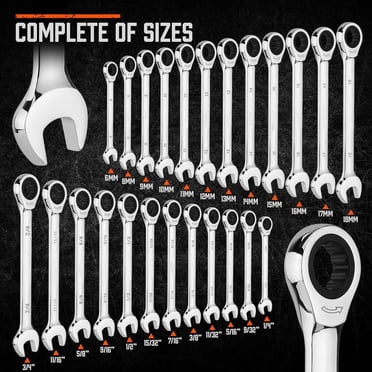 24-Piece Ratcheting Wrench Set | Metric and SAE | Ratchet Combination Wrenches Set with Organizer | 72-Tooth | Chrome Vanadium Steel | 6-18 mm & 1/4” to 3/4“ (24-Piece)