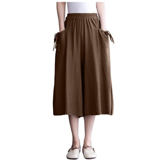 Glisme Casual Pants For Women Plus Size Knee Length Cotton Linen Shorts Summer Baggy Dressy Long Shorts With Pockets Coffee Trousers Flexible Fit