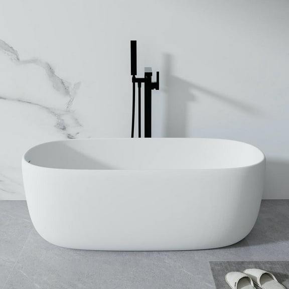 Topcobe 51" Freestanding Bathtub Resin Stone Soaking Bathtub Solid Surface Modern Tubs with Overflow and Pop-Up Drain in White, Bathroom Tub, Modern Bath Tubs, Freestanding Bathtubs