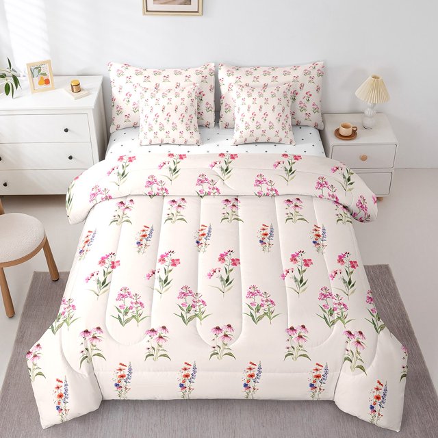 Erosebridal Botanical Flower Leaves Comforter Sets with Sheets, Floral Blossoms Comforter Sets with Sheets, Reversible 7pcs