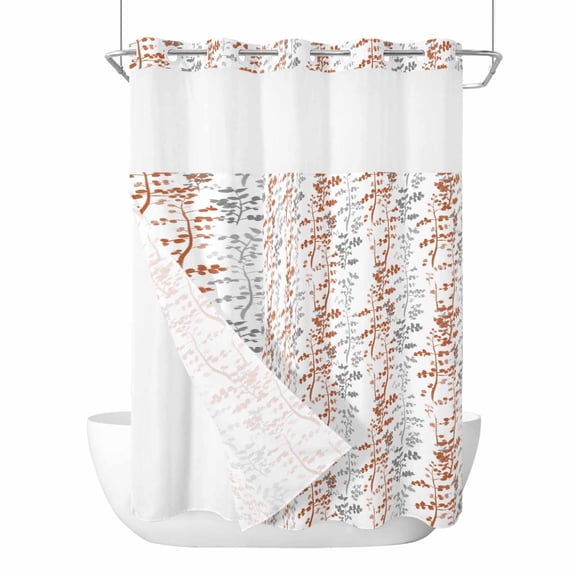 No Hook Orange Grey Botanical Shower Curtain with Snap in Liner Set, Spring Floral Summer Farmhouse Waterproof Fabric Bathroom Curtains with See Through Top Window, Hotel Style Long 72 x 84 Inch