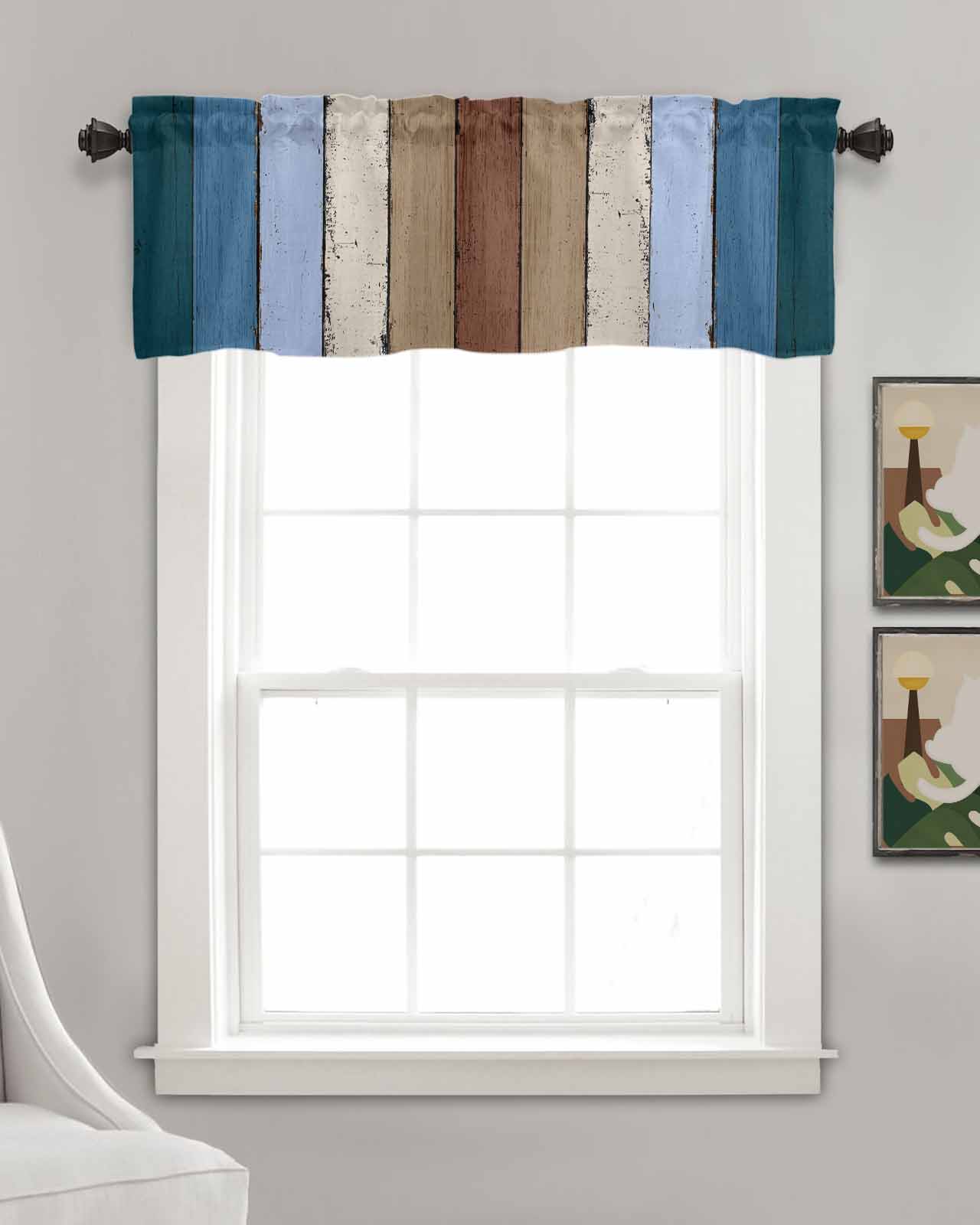 Blue Brown Kitchen Valances for Windows Farmhouse Linen Window Valance Curtain for Living Room Window Treatment Farmhouse Wood Grain Vintage Vertical Striped Valance Rod Pocket Topper, 42 x 12 Inch