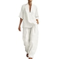 thumbnail image 2 of jobturf Summer Two Piece Sets for Women Going Out Linen Lounge Set V Neck 3/4 Sleeve T Shirts and Pants Matching Vacation Outfits S-XXL, 2 of 7