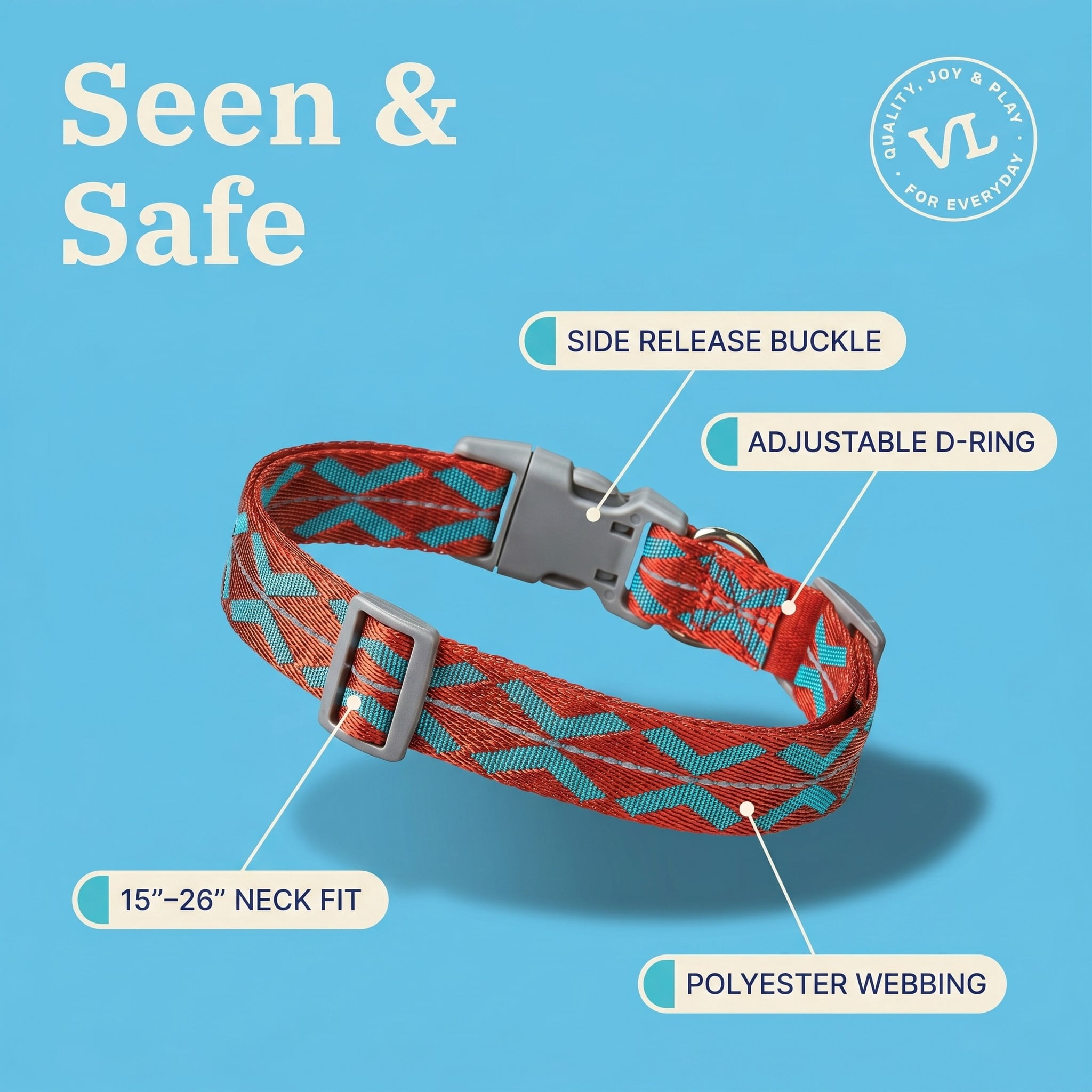 Vibrant Life Reflective Adjustable Dog Collar, Orange, Large