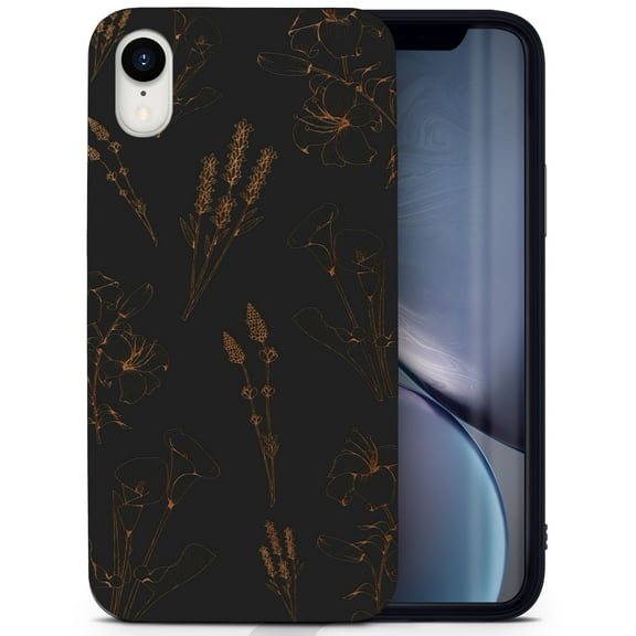 Wood phone case for iPhone XR compatible protective cell phone cover shockproof slim fit laser engraved Flowers X design Black wood case for Men & Women by CaseYard