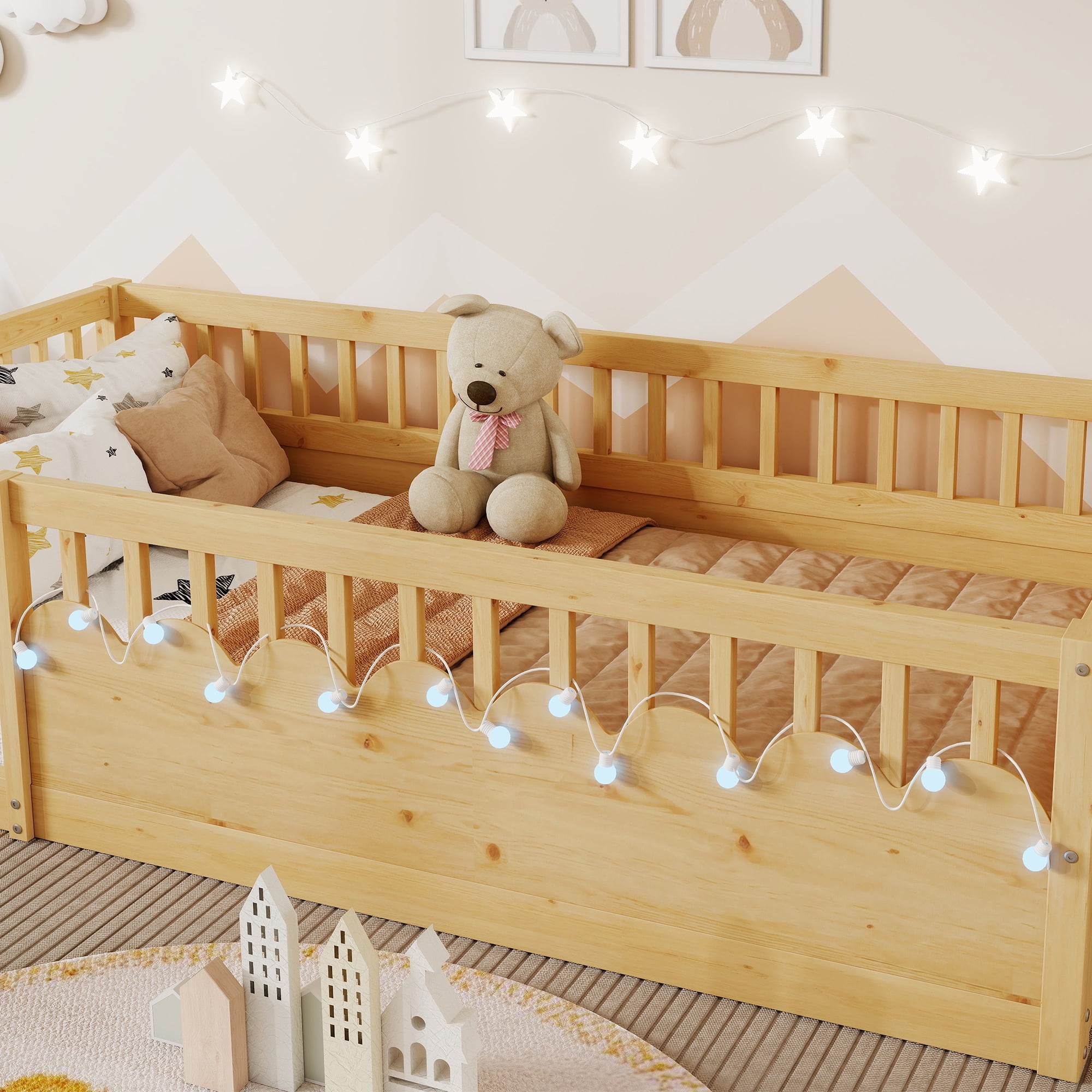 Twin Size Toddler Floor Bed Frame, Montessori Floor Bed with Guardrails, Pine Wood Bed Frame for Kids, No Slats Included, Natural