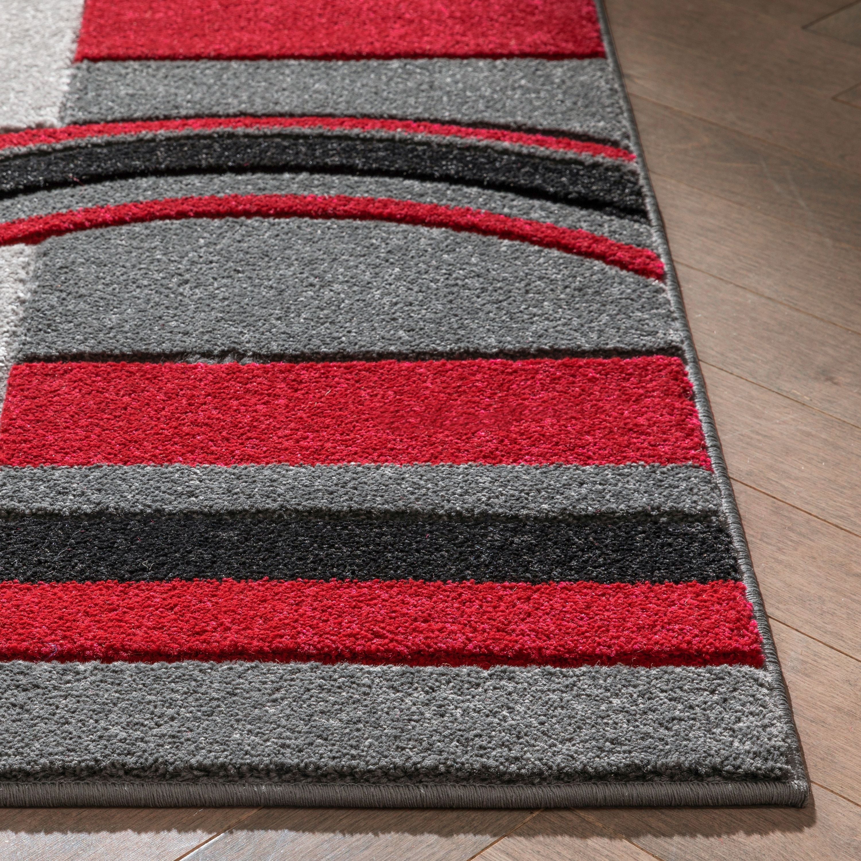 Paco Home Designer Rug with Contour Cut Striped Model in Grey Black and Red  Mixture, Size:2' x 3'7