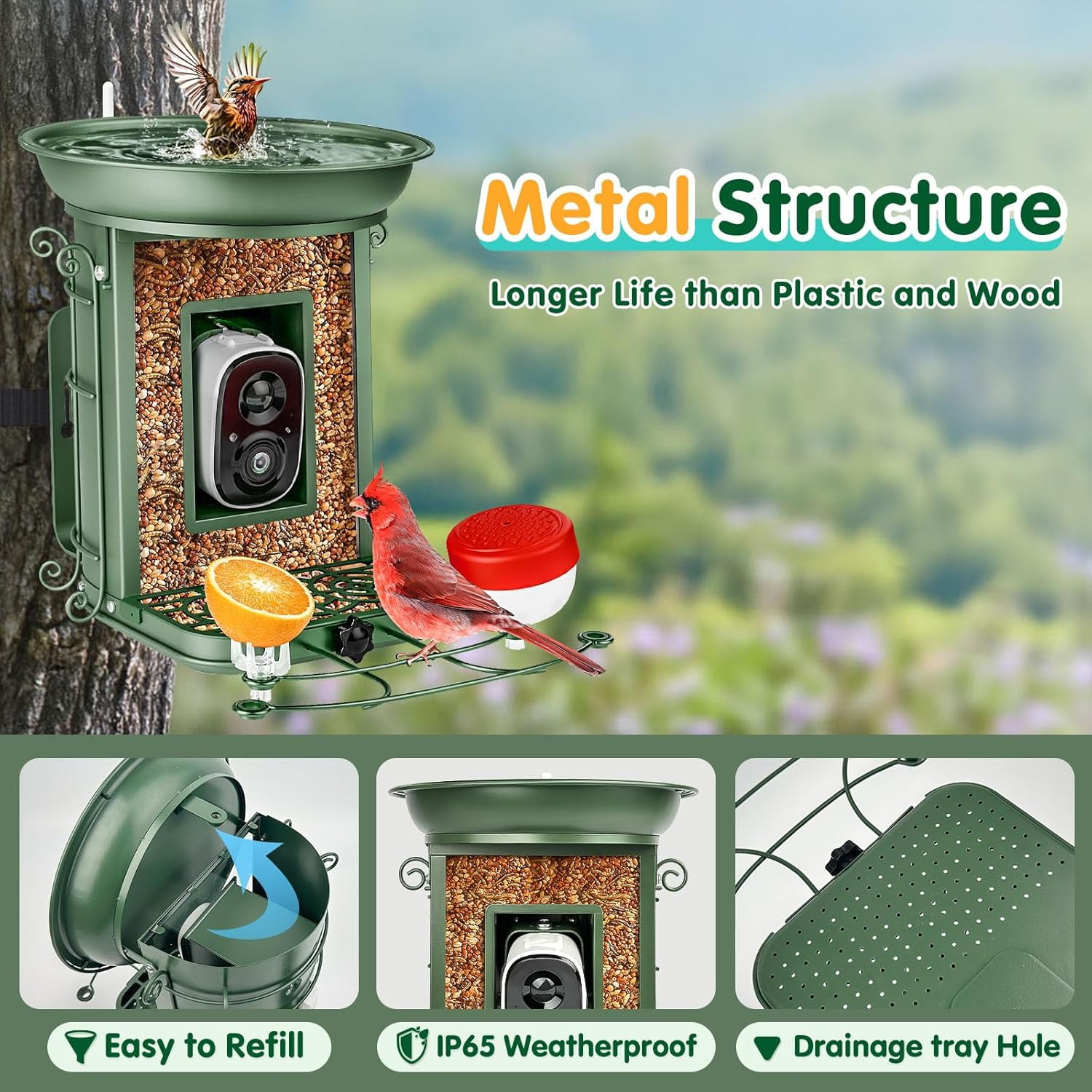 NixiYa Smart Bird Feeder with Camera and Bird Bath, Solar Powered Outdoor Feeder, AI Bird Identification, App Notifications
