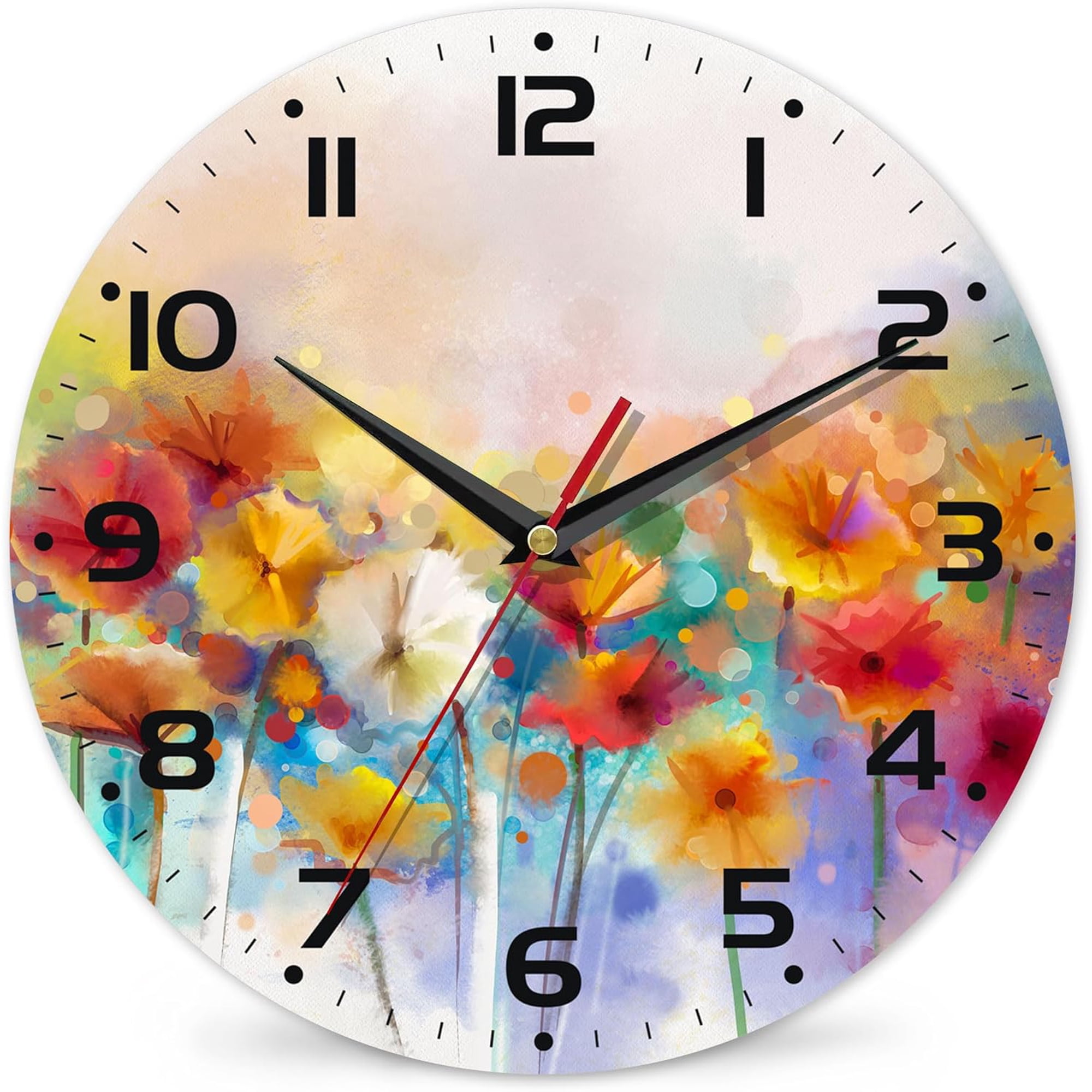 Clock for Living Room, Vintage Wild Floral Wall Clock Vintage Wooden Wall Clock Silent Non-Ticking Battery Operated Arabic Numerals Wall Clocks Decorative for Kitchen, Office, Classroom 12x12 inch