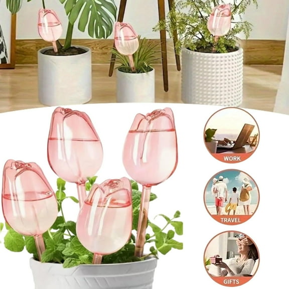 Self Watering Globes, 4 Pack Tulip Design Glass Plant Watering Bulbs with Non-Clogging Spike for Indoor and Outdoor Plants, Automatic Watering System