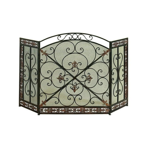 Maykoosh Beachy Boho Traditional 3 Panel Metal Fireplace Screen In Bronze Finish With Filigree Design, Offering Stylish Protection For Your Home'S Hearth