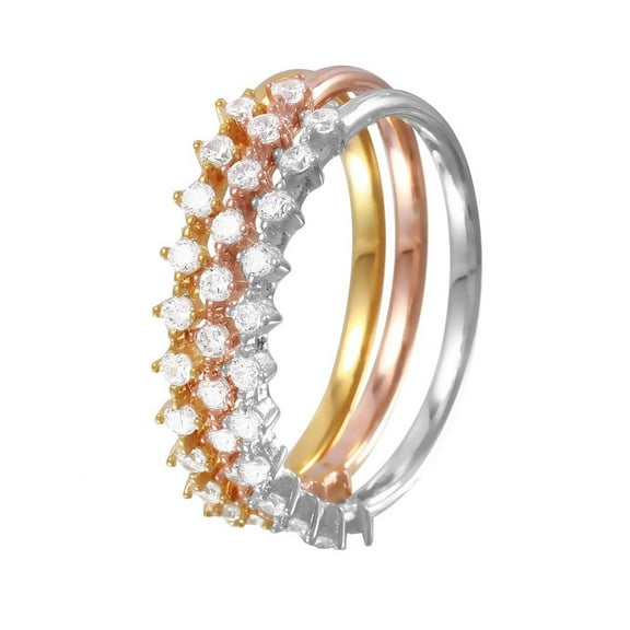 Clear Cubic Zirconia Three Stackable Bands Ring Tri-Color Plated Sterling Silver Size 7