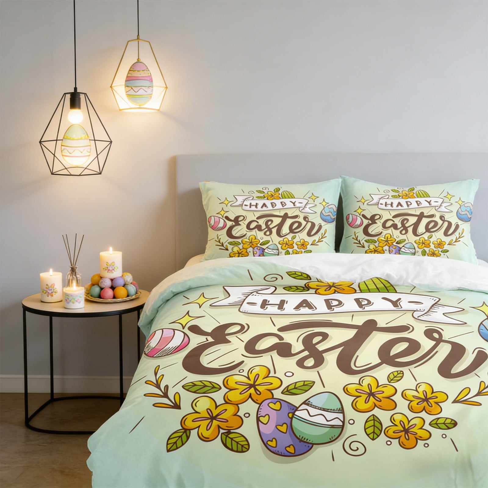 Easter Queen Comforter Set 3-Piece: Adorable Bunny & Egg Duvet Cover with 2 Standard Pillowcases | Spring Home Decor by PALIFEUR
