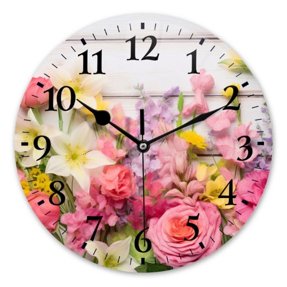 Battery Operated Analog Wall Clocks Non-Ticking Silent Modern Clock Decorative for Home,Office-Colorful Spring Flowers Including Roses And Tulips(10inch)
