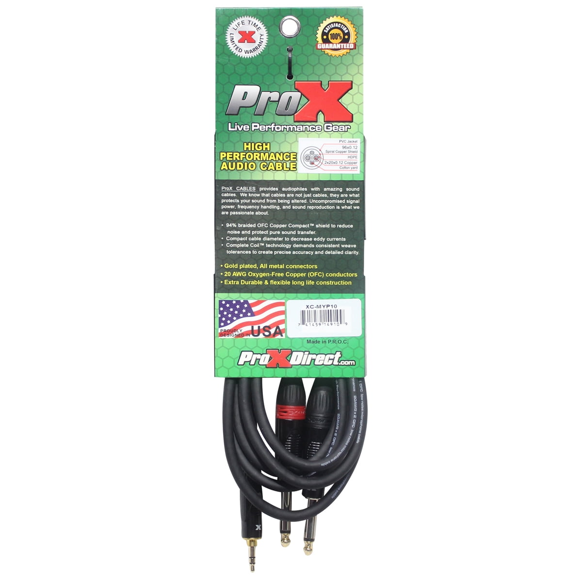 ProX XC-MYP10 10' 1/8" (3.5mm) Mini-TRS to Dual TS-M Unbalanced High Performance Audio Y Cable