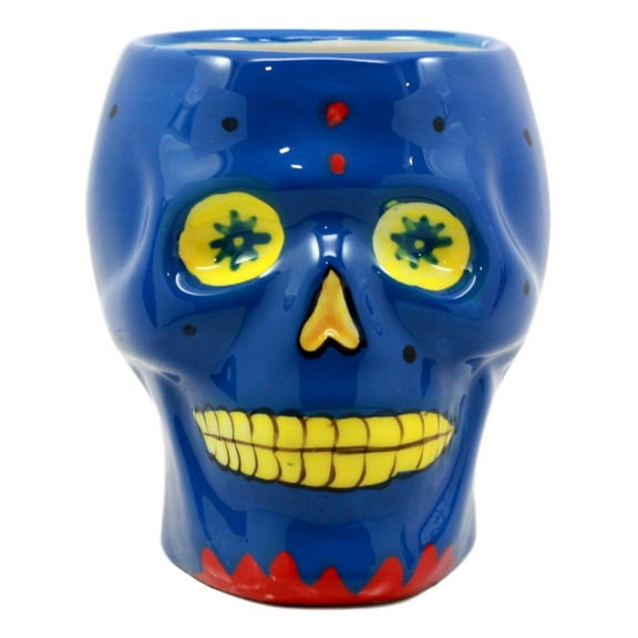 Ebros Blue Day of The Dead Floral Sugar Skull Coffee Mug In Bright Colors Drink Cup Ceramic 4.25"H