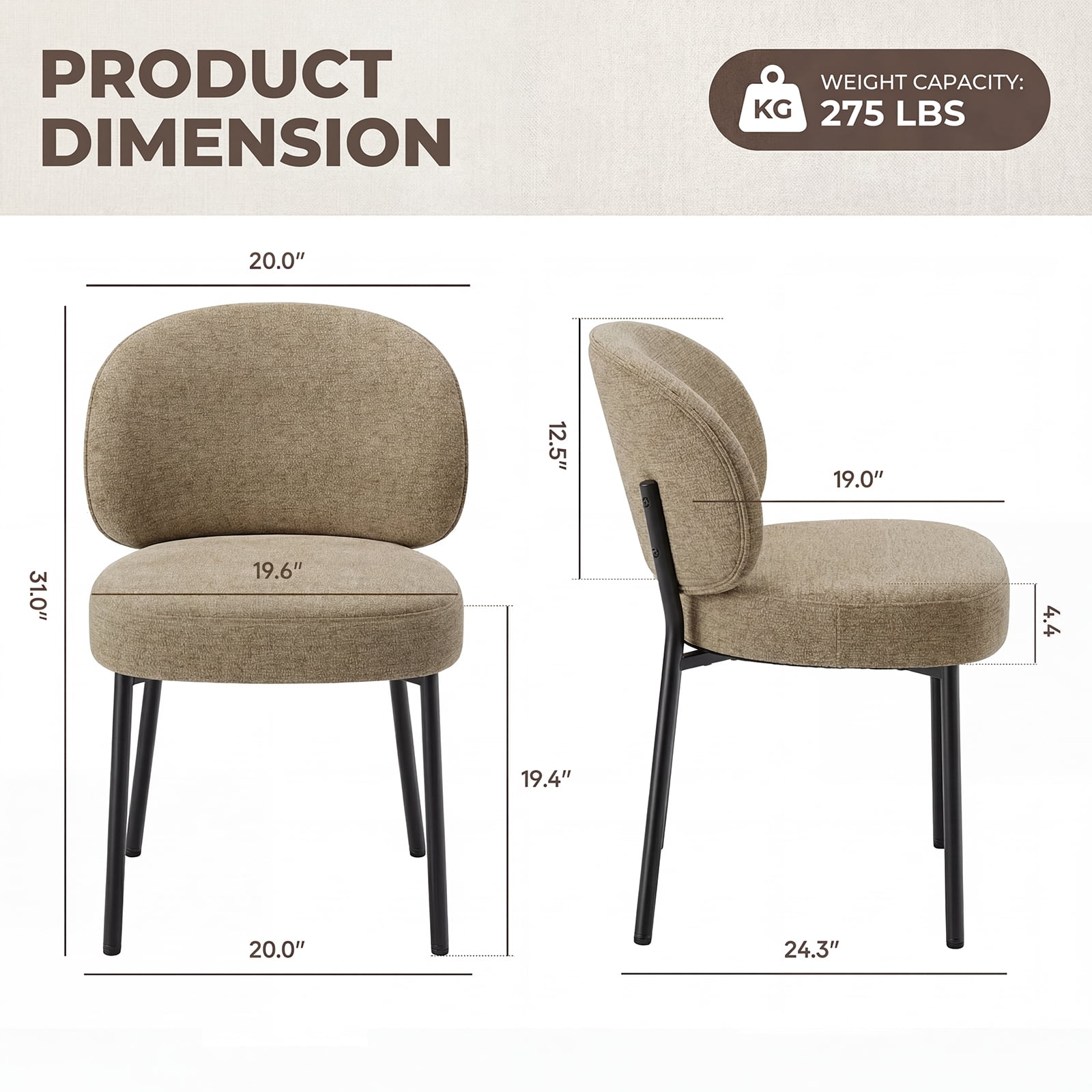 Set of 6 Upholstered Modern Dining Chairs, Mid Century Kitchen Chairs with Curved Backrest and Metal Legs for Dining Room, Living Room, Camel