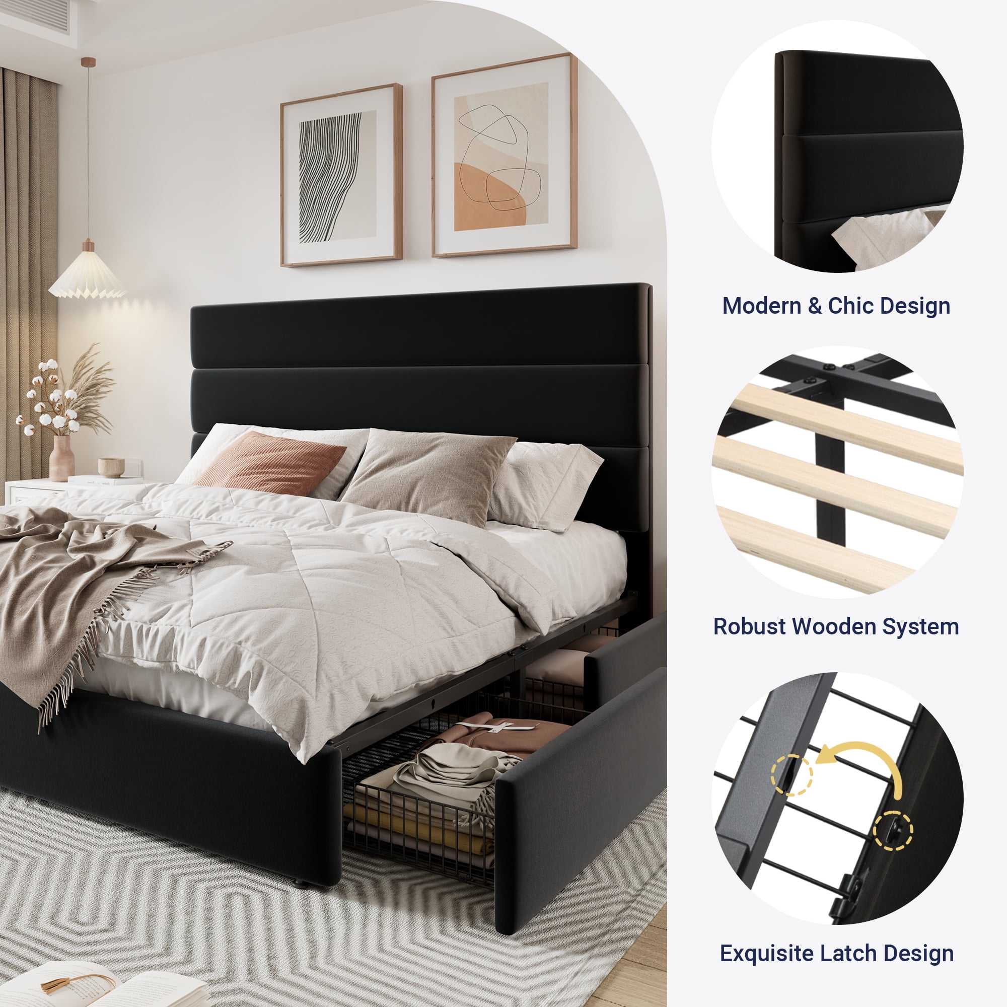 Allewie Modern Queen Size Platform Bed Frame with 4 Storage Drawers and Velvet Upholstered Headboard, Wooden Slats Support, Black
