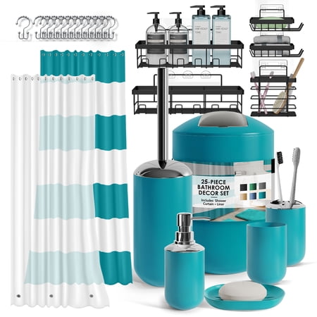Lammaloe Teal Bathroom Accessories Sets and Shower Caddy for Bathroom Sets with Shower Curtain Sets for Bathroom Decor with Toothbrush Holder