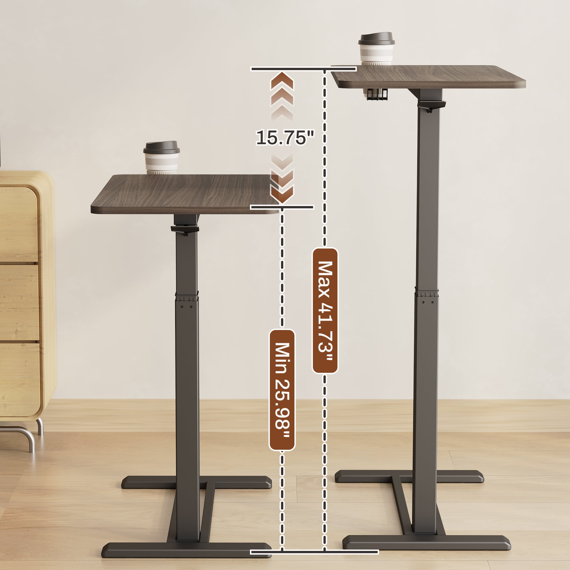 FitStand Height Adjustable Medical Bed Table with Hidden Casters, Rolling Laptop Desk with Cup Holder, Small Pneumatic Sit Stand Desk for Home Office, Sofa or Bedside Use, 28"x16", Walnut