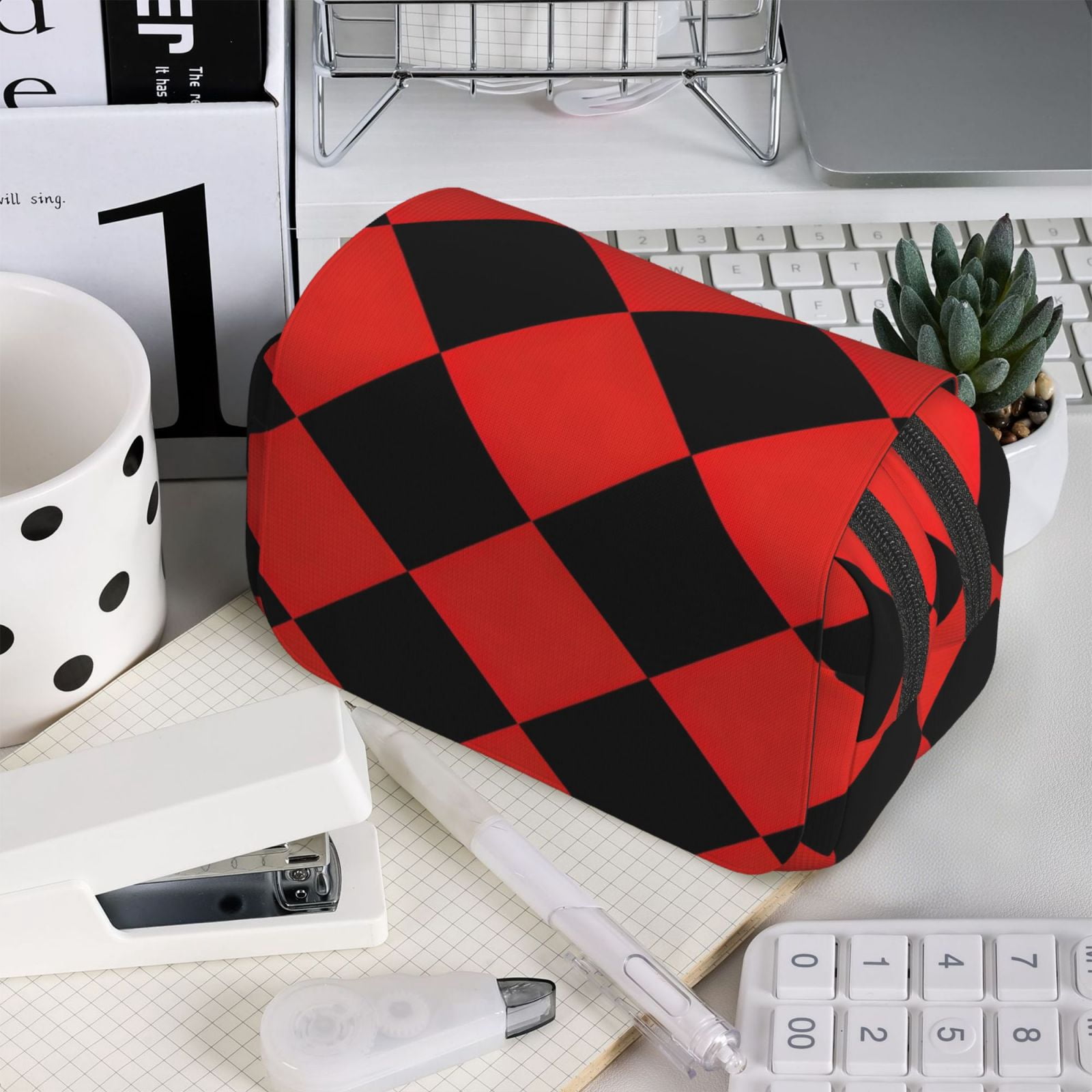 Large-Capacity Flip-Top Double-Layer Pencil Case, Multi-Functional Pocket Pen Case, Durable Stationery Organizer Red And Black Checkered Pattern (9)