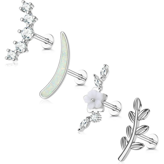 DobGot G23 Titanium Cartilage Earrings For Women 16G Pure Titanium Flat Back Stud For Sensitive Ear Cartilage Opal Cz Stud Earrings Internally Threaded Conch Helix Tragus Piercing Jewelry[E3552]