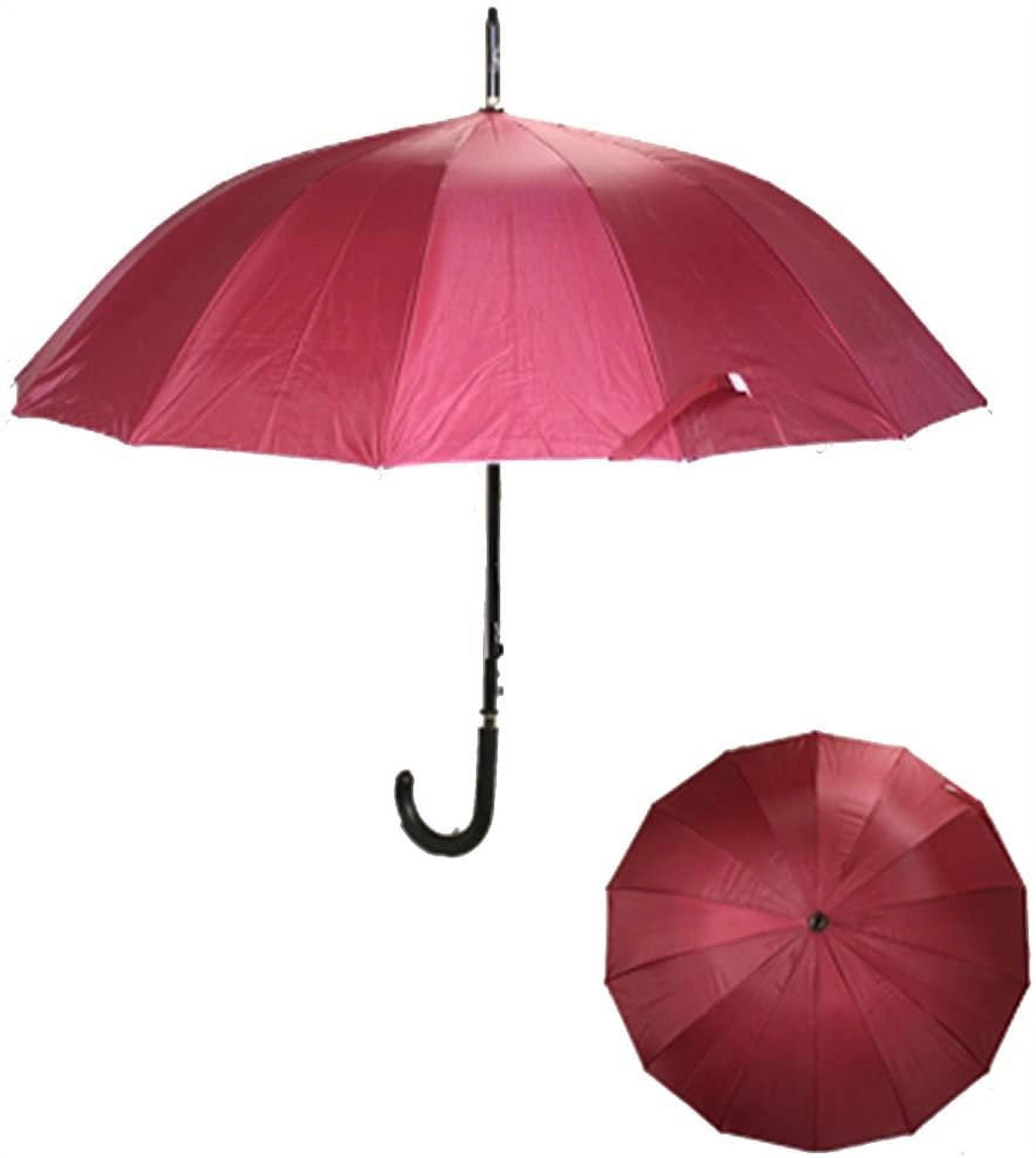 Rain Sun UV Protection Umbrella Large Full Size 42 Inches Canopy Coverage Windproof Auto Open J- Shape Stick Burgundy