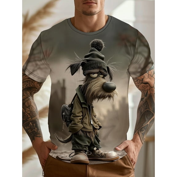 Men's 3D Full Print T-Shirt with Neckline Design - Casual Short Sleeve Crew Neck T-Shirt, Machine Washable