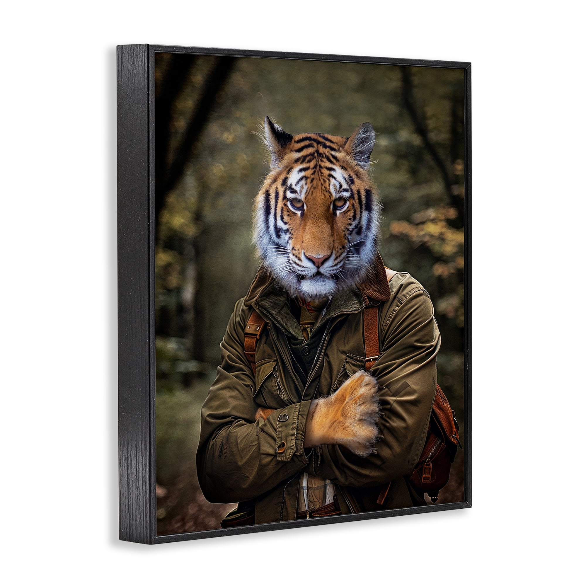 Stupell Industries Tiger in Hiking Attire Animals & Insects Painting Black Framed Art Print Wall Art, 16 x 20