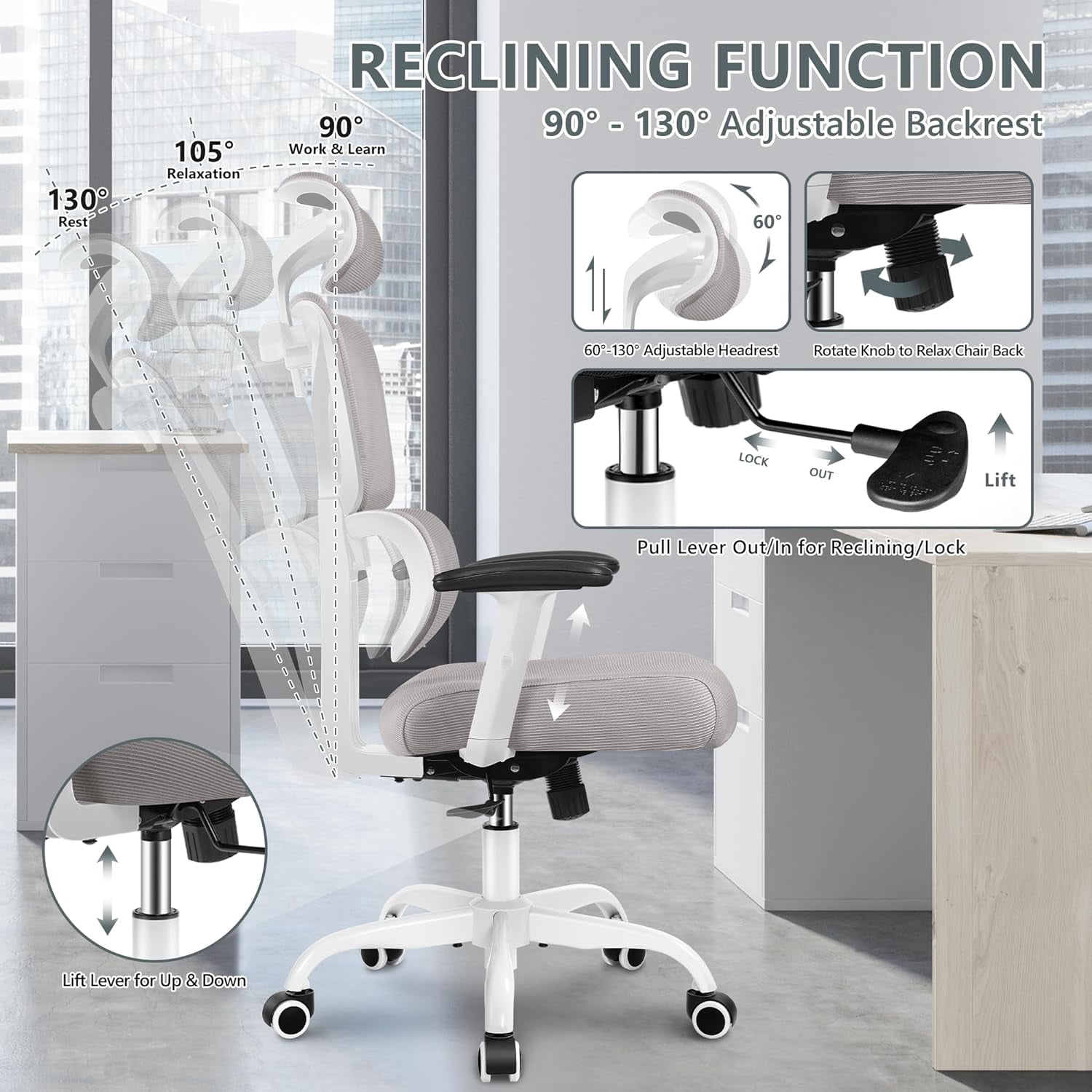 Office Chair, Ergonomic Desk Chair with Adjustable Height and Lumbar Support Swivel Desk Computer Chair with Flip up Armrests for Conference Room, Drak Gray