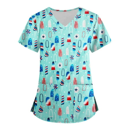 

Sksloeg Womens Scrub Tops Red White Blue Star Stripe Printed Scrub Nurse Top Shirts Short Sleeve Working Tops Workwear Comfy Shirt Blouses Clothing Sky Blue XXXL