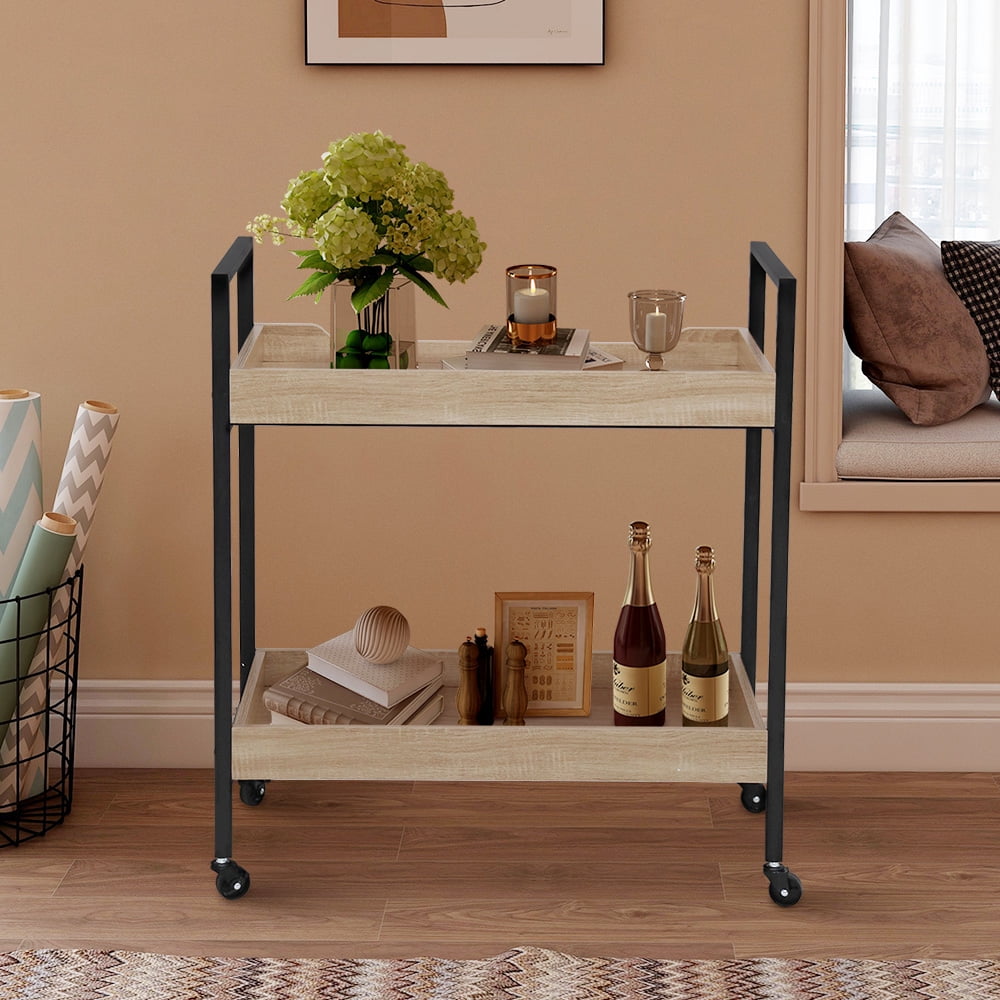 Abble White Oak Manufactured Wood Kitchen Serving Cart Metal Bar Cart with Caster Wheels