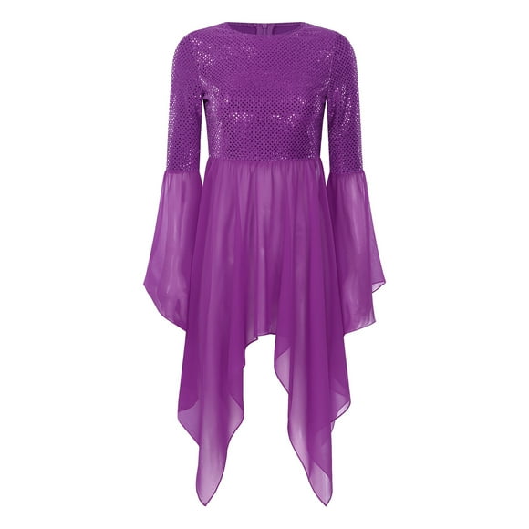 Yeahdor Women's Shiny Sequins Liturgical Praise Dance Dress Flared Sleeve Worship Costume with Maxi Purple XXL