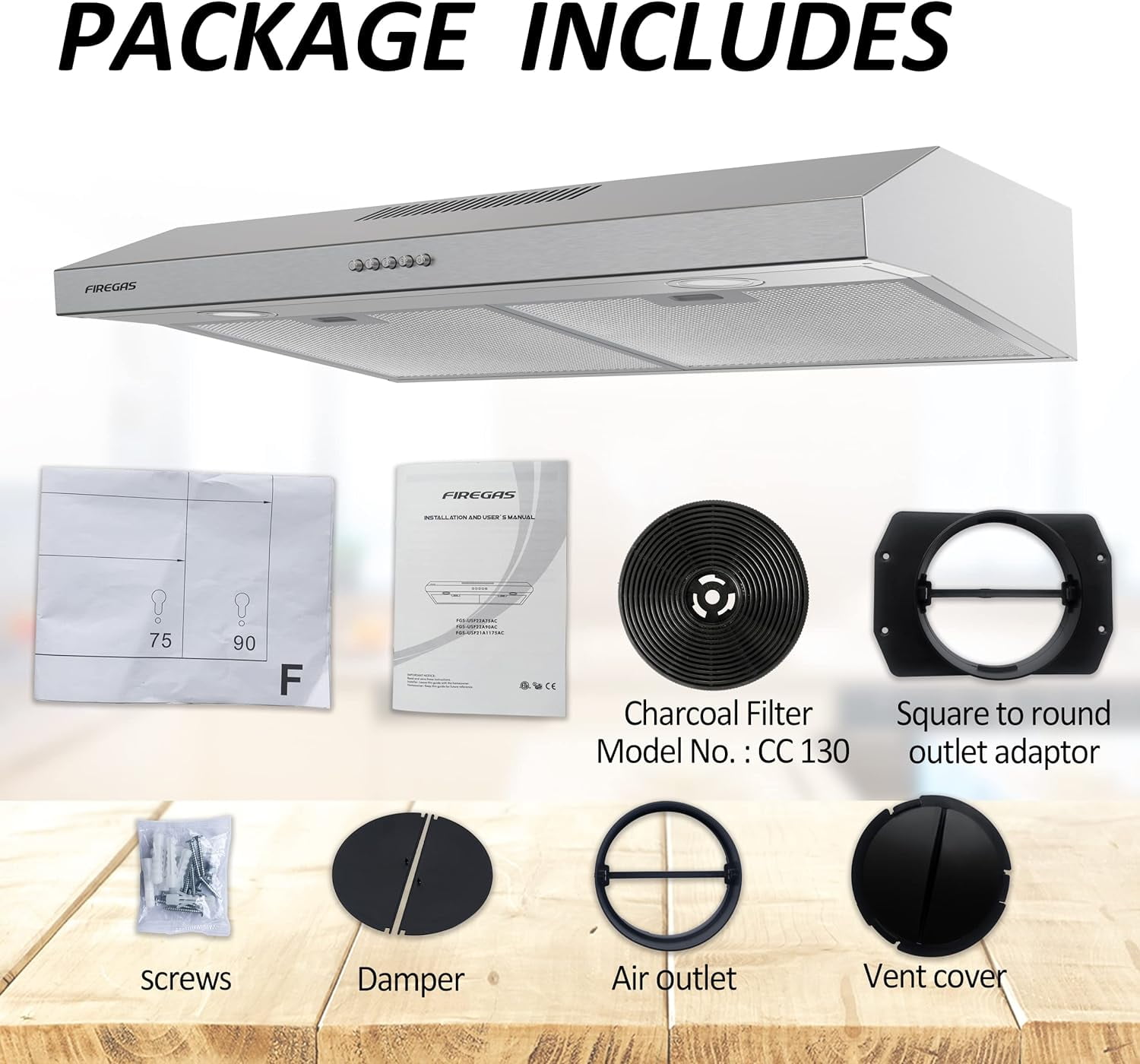 FIREGAS Under Cabinet Range Hood 30 inch with Brushless DC Motor, LED Light, 3 Speed Exhaust Fan, Reusable Aluminum Filters, Push Button,Stainless Steel Range Hood,with Charcoal Filter