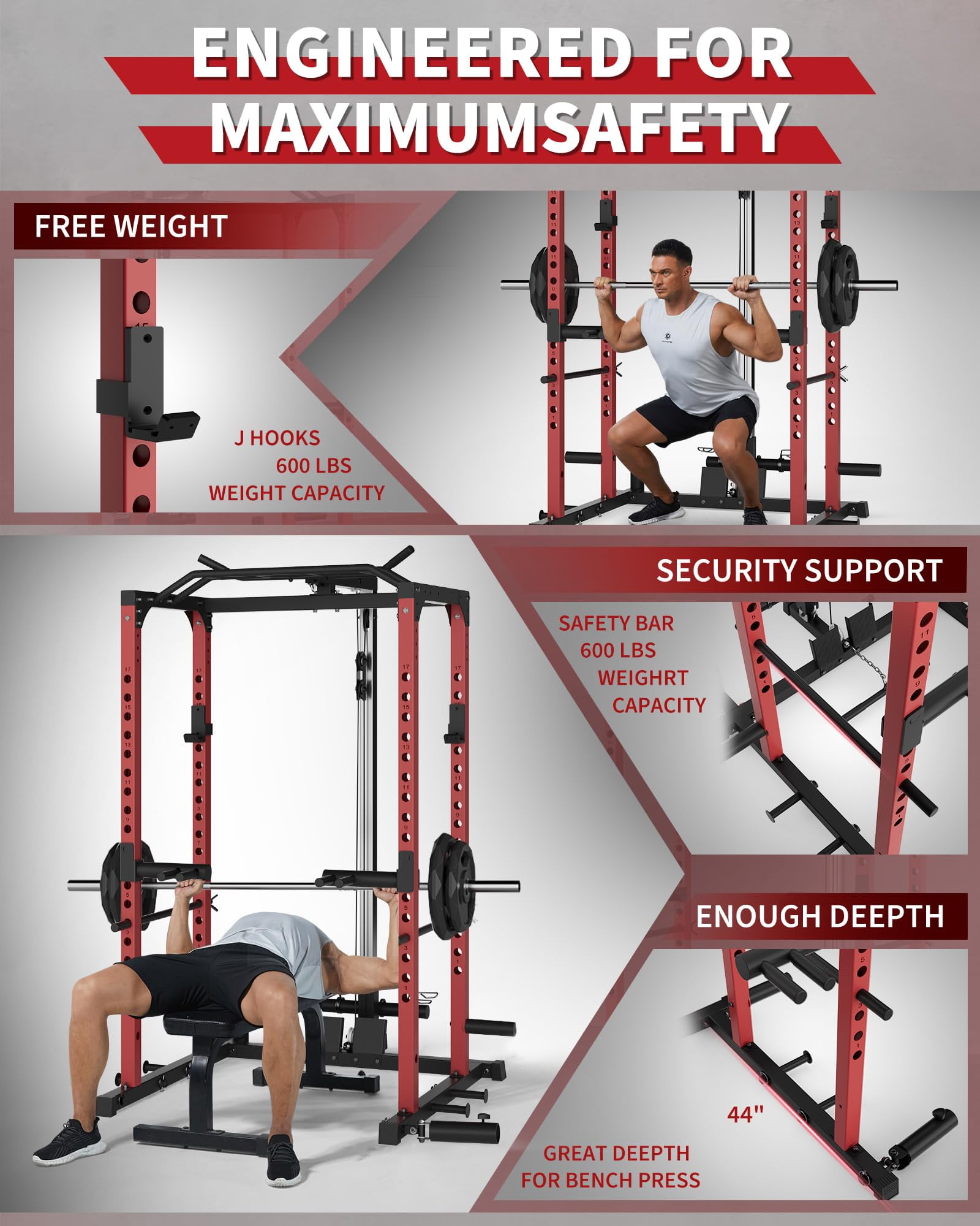 Power Cage with LAT Pull Down System, Multi-Functional Squat Rack with Low Row System, J-Hooks, Dip Bars, Pull Up Bar, 2000 LB Heavy Duty Power Rack Fitness Equipment for Home Gym