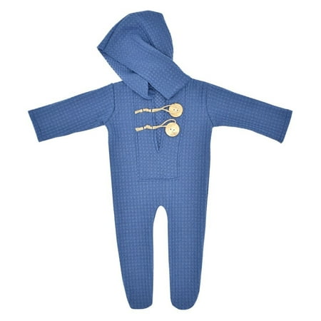 

TOWED22 born Baby Romper Suit Photography Prop Long Sleeve Footed Romper Knitted Hooded Overalls Baby Mittens with String Blue