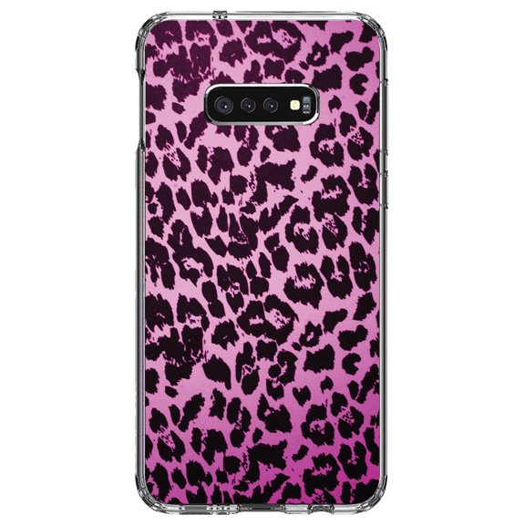 DistinctInk Clear Shockproof Hybrid Case for Samsung Galaxy S10e (5.8" Screen) - TPU Bumper, Acrylic Back, Tempered Glass Screen Protector - Pink Purple Leopard Skin Spots