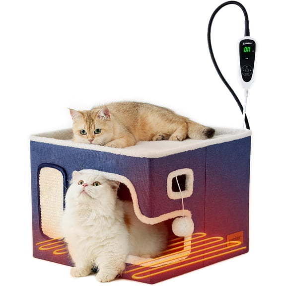 Heated Cat House with Adjustable Heating Pad Foldable Cat Hideaway 16.5x16.5x13 Inches Navy Blue