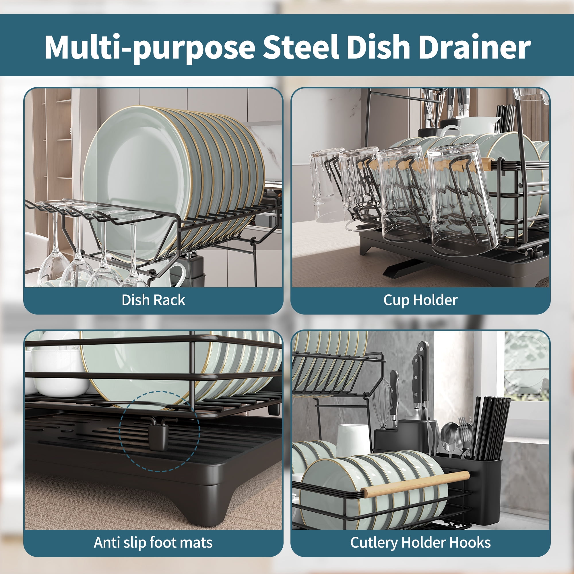 Innovaze Metal Dish Drying Rack, 2 Tier Compact Dish Rack w/Bamboo Holder for Kitchen Counter, Black