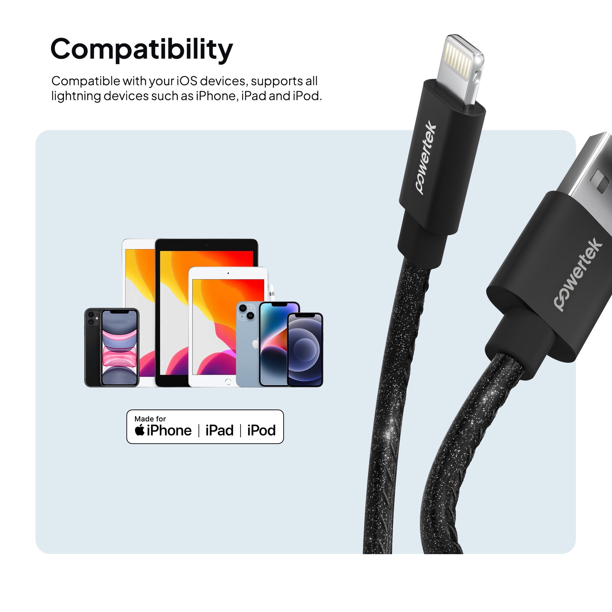 Powertek USB-A to Lightning Cable, Fast Charging iPhone Charger Cord, Durable Tangle-Resistant Sync Cable, Black Glitter, 6FT