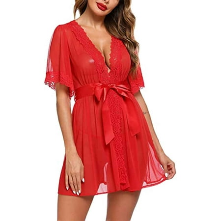 

AMILIEe Women Short Lingerie Robes Eyelash Lace Kimono Sheer Mesh Bridesmaid Sleepwear Robe