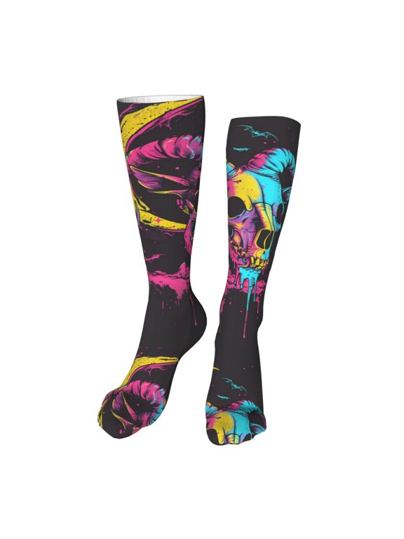 Neon Gothic Skull Moon Print Calf Socks Seamless Toe, Knee High Long Socks, Sports Socks Trouser Socks for Women and Men-One Size