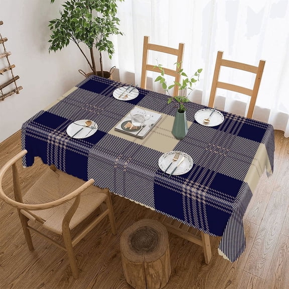Khaki Navy Blue Tartan Plaid Rectangular Tablecloth 55"x70" with Lace Edge, Washable Durable Table Cover for Dining, Indoor Outdoor Home Restaurant Decor