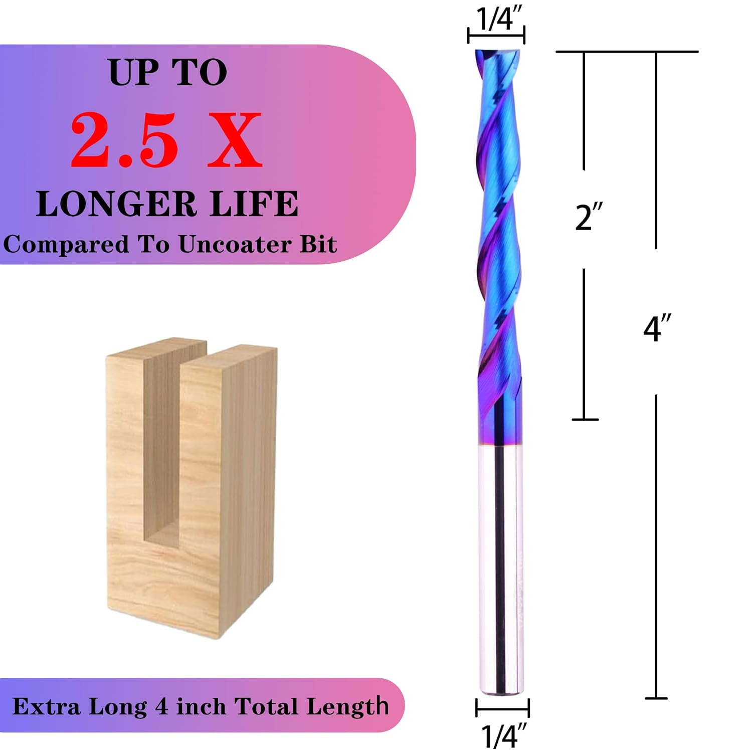 ABPETE Extra Long 4 Inch Upcut Spiral CNC Router Bit 1/4 Inch Shank,2 Inch Cutting Length Solid Carbide with NACO Coating End Mill for Wood Cut, Trimming, Carving,Engraving
