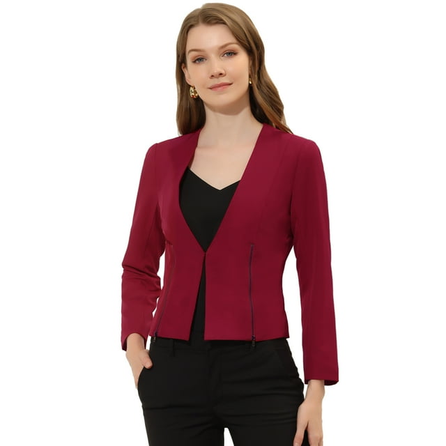INSPIRE CHIC Women's Work Office Open Front Zipper Collarless Cropped Blazer Burgundy XL