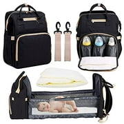 Autolock 3 in 1 Diaper Bag Backpack, Multifunctional Travel Baby Bag Back Pack with Changing Station, Foldable Baby Bed, Stroller Straps, Large Capacity, Waterproof (Black)