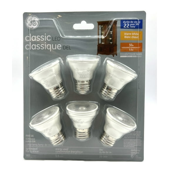 (pack of 6 bulbs) GE classic LED PAR16, 5.5 watts, 385 lumens, medium base, Warm White 2700K, Dimmable LED Light Bulb