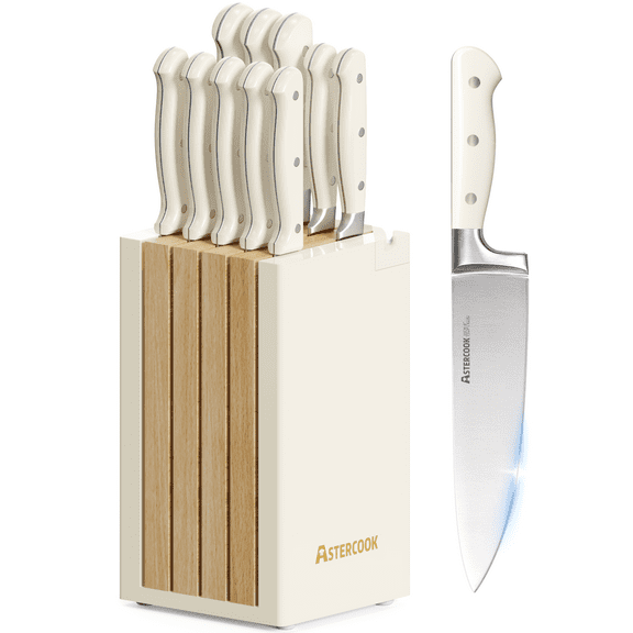 Astercook Knife Set, 12-Piece Kitchen Knives Set with Block, Full Tang German Stainless Steel Knives with Sharpener, Dishwasher Safe and Anti-Slip Ergonomic Handle Elegant Cream White
