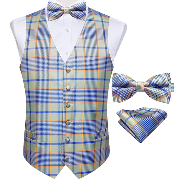 VERVEROW Men's Plaid Jacquard Suit Vest, 6 Button V Neck Wedding Waistcoat Set with Bow Tie & Pocket Square, Green Blue Orange